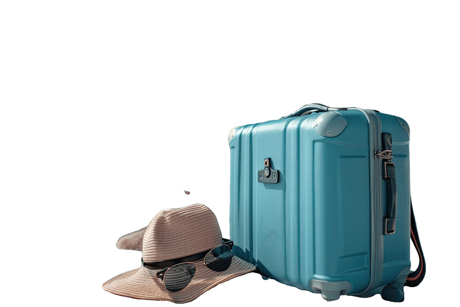 Valise turquoise et chapeau de paille